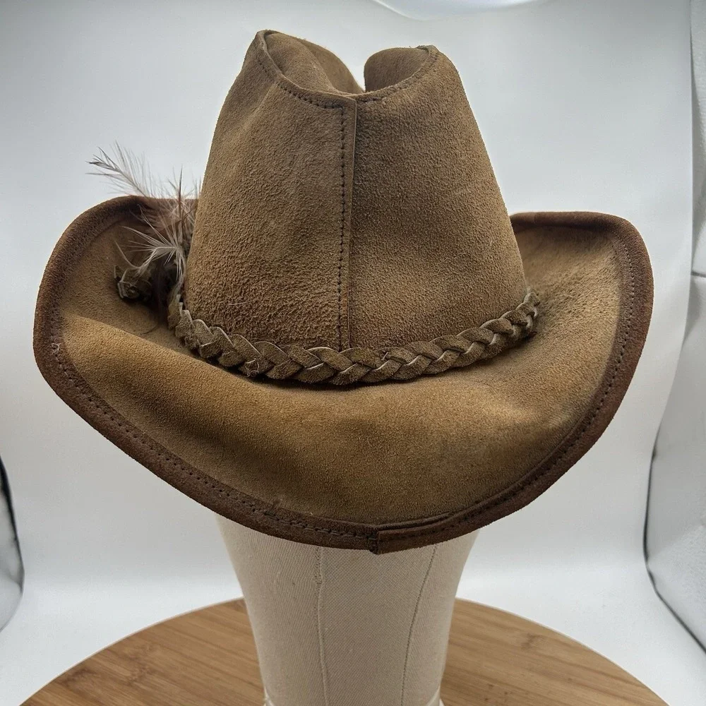 VTG  Leather Suede Mens Western SAVOY Hat With Feather Accent Size Medium 6 5/8